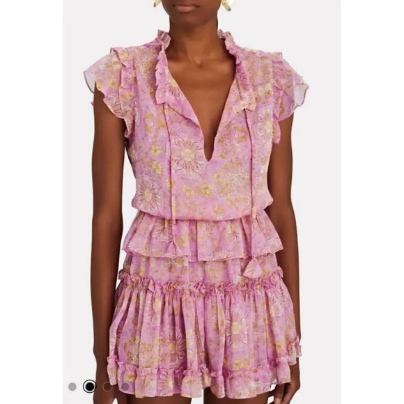 Misa Los Angeles Dresses & Skirts - Misa Los Angeles Lilian Split-Neck Floral Ruffle Mini Dress Size XS Pink Chiffon